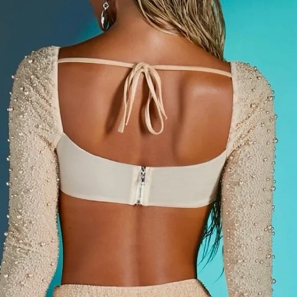 NWOT Oh Polly Champagne embellished Beaded Long Sleeve Crop Top size 2 - Picture 2 of 13